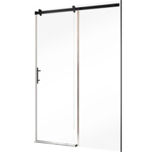 Glastür mit schwarzer Aufhängung für den Duschbereich