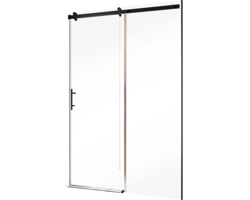 Glastür mit schwarzer Aufhängung für den Duschbereich