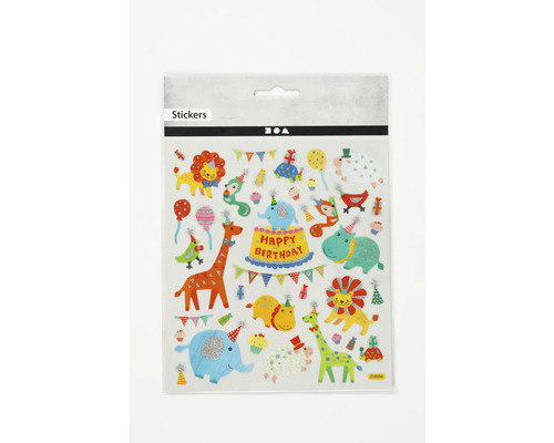 Sticker selbstklebend, Tier-Orchester, 15x16.5 cm Aufkleber mit Tiermotiven und Geburtstagstorte