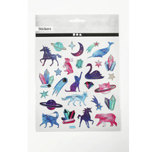 Aufkleberbogen mit verschiedenen Motiven wie Sternen, Planeten und Tieren