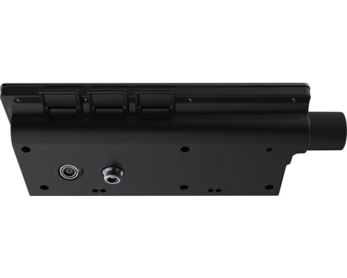 Gros plan du dessous d''une unité de commande électronique avec connecteurs et bouton rotatif