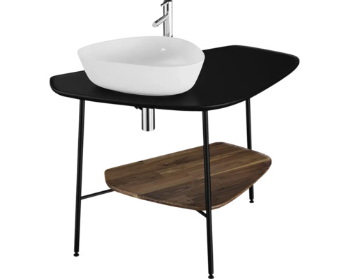Meuble-lavabo avec vasque à poser, robinet, plan de dépose et étagère