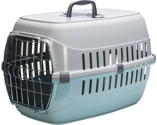 Boîte de transport Karlie Eco Tourist 2 Aqua - 56 x 36 x 36 cm gris turquoise Cage de transport pour animaux de compagnie avec porte en métal et poignée