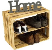 Schuhregal aus Holzkiste mit zwei Ablagen und Home Schriftzug