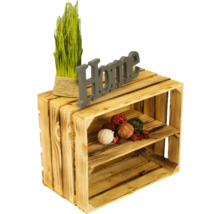 Dekoratives Holzkistenregal mit Zimmerpflanze und Wohndekoration