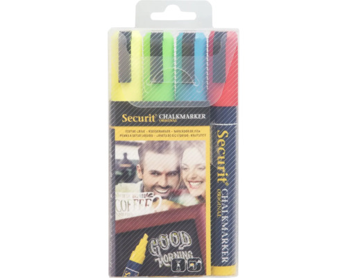 Kit de marqueurs à craie Securit avec quatre stylos dans leur emballage