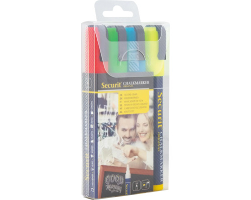 Set de marqueurs à craie Securit avec quatre stylos dans un emballage transparent