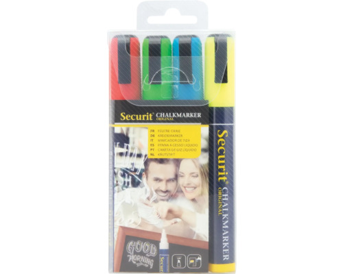 Kit de marqueurs à craie Securit avec quatre marqueurs dans l’emballage