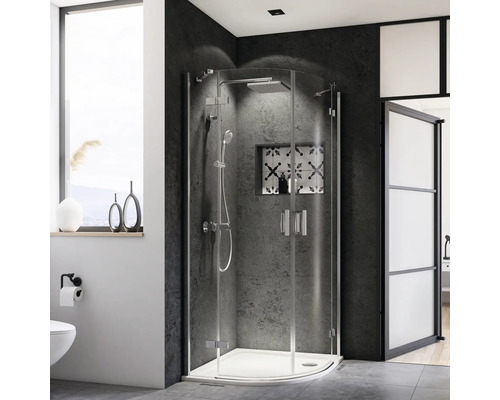 Runddusche mit Drehtür BREUER Panorama 90 x 100 cm Profil chrom Klarglas Türanschlag links Türanschlag rechts Badezimmer mit Duschkabine, Toilette und Fenster für ein helles Raumgefühl