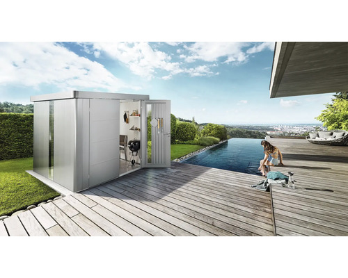 Gartenhaus biohort HighLine H3 Standardtür inkl. Dachrinne, Regale Set 257 x 217 cm weiss Gartenhaus biohort HighLine H3 Standardtür inkl. Dachrinne, Regale Set 257 x 217 cm weiss