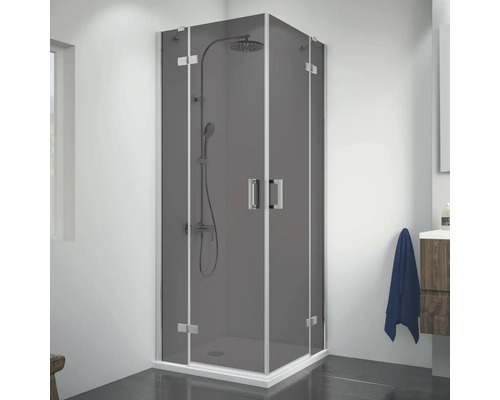 Cabine de douche d''angle avec verre gris et robinetterie de douche dans la salle de bain