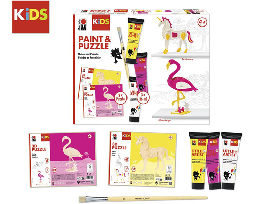 Kit de peinture et de puzzle Marabu Kids avec puzzle 3D licorne et flamant rose, couleurs et pinceau