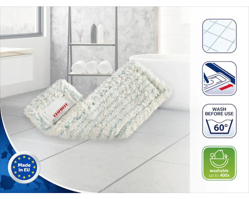 Leifheit Logo. Bodenwischbezug im Badezimmer mit Symbolen für Fliesenboden, Wischsystem geeignet, waschbar bei 60 Grad und bis zu 400-mal wiederverwendbar sowie Hergestellt in der EU Siegel.
