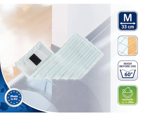 Housse de vadrouille de taille moyenne, 33 centimètres. Lavable jusqu''à 60 degrés. Convient à différents types de sols. Lavable jusqu''à 200 fois. Fabriqué dans l''UE.