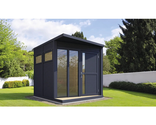 Gartenhaus Bertilo Concept Office inkl. Fussboden 237 x 310 cm anthrazit Modernes Gartenhaus mit Flachdach, Fenster und Tür auf Rasenfläche