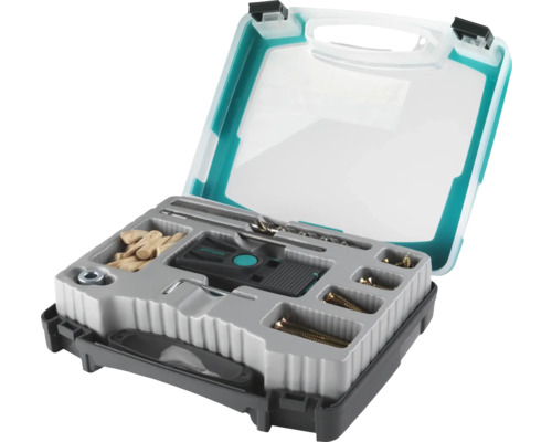 Jeu de chevilles Wolfcraft dans une mallette à outils avec des chevilles, des vis, une perceuse et des accessoires