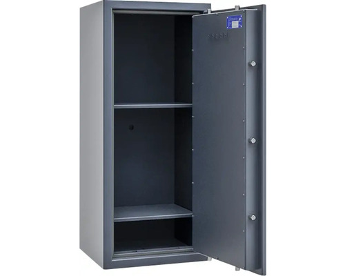 Coffre-fort ouvert avec étagères.