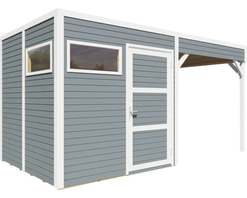Abri de jardin avec porte, fenêtres et espace couvert