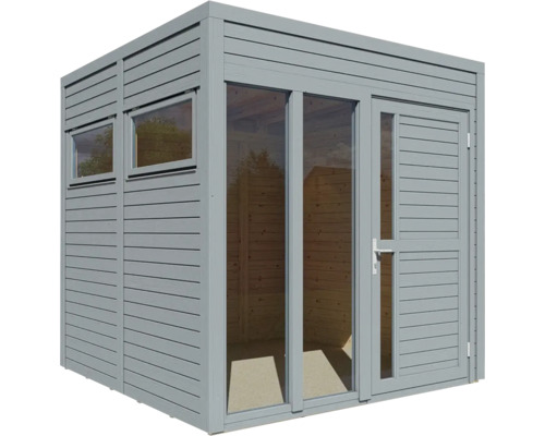 Abri de jardin gris avec fenêtres et porte