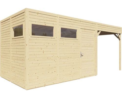 Abri de jardin en bois avec fenêtres, porte et auvent