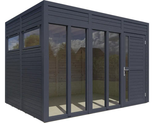 Abri de jardin moderne avec fenêtres et porte.