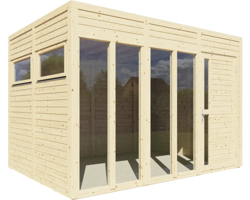 Abri de jardin en bois avec fenêtres et porte