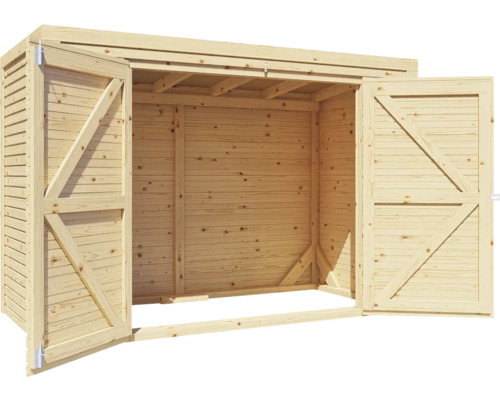 Abri de jardin en bois ouvert pour les outils.