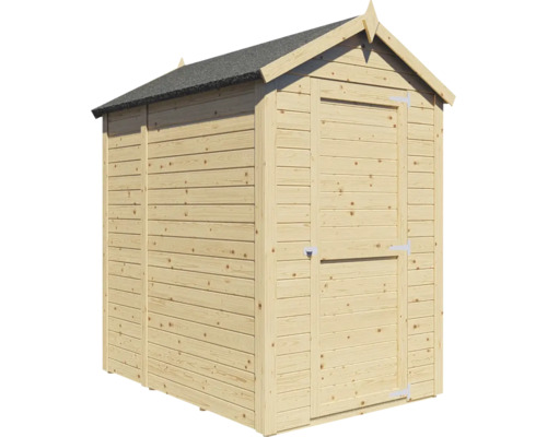 Holzgartenhaus mit Dachpappe und einer Tür.