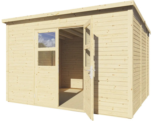 Abri de jardin en bois avec portes doubles ouvertes et fenêtre