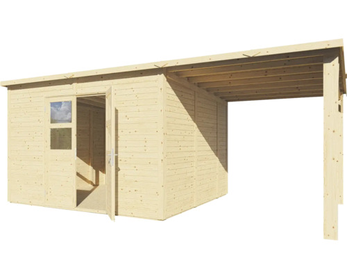 Abri de jardin en bois avec auvent et double porte ouverte.