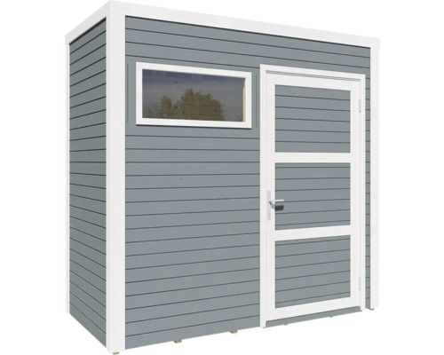 Abri de jardin gris avec fenêtre et porte