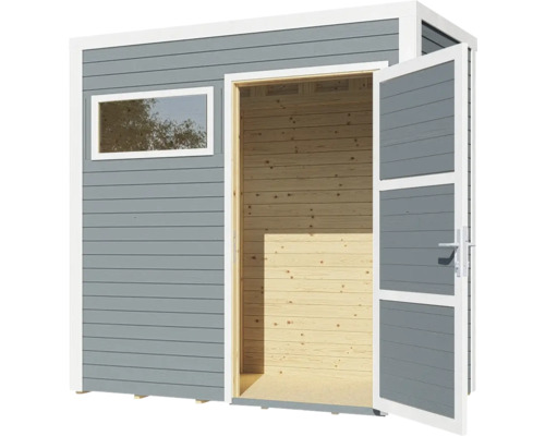 Abri de jardin en bois avec fenêtre et double porte ouverte