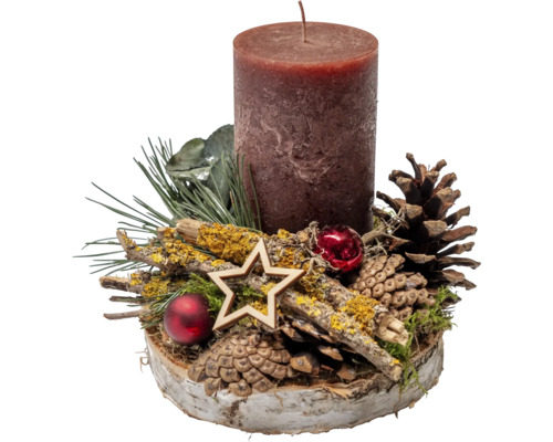 Adventsgesteck Eukalyptus ca. Ø 19 cm auf Holzscheibe inkl. Stumpenkerze Rustik 130/70 mm rot Adventsgesteck Eukalyptus ca. Ø 19 cm auf Holzscheibe inkl. Stumpenkerze Rustik 130/70 mm rot
