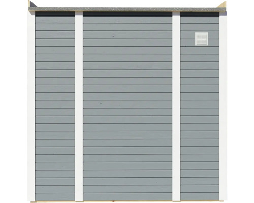 Vue extérieure d''un abri de jardin avec bardage en bois et ventilation
