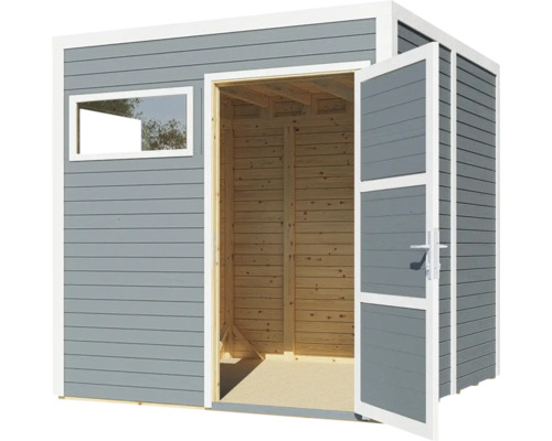 Abri de jardin en bois avec fenêtre et double porte ouverte