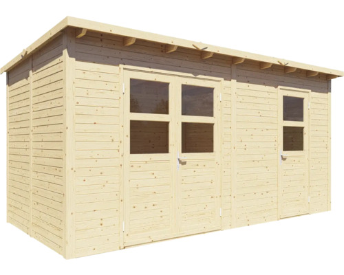 Abri de jardin en bois avec fenêtres et portes