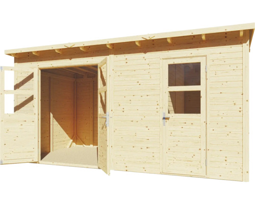 Abri de jardin en bois avec double porte ouverte et une porte avec fenêtre