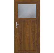 Braune Nebeneingangstür mit Glaseinsatz und Griff