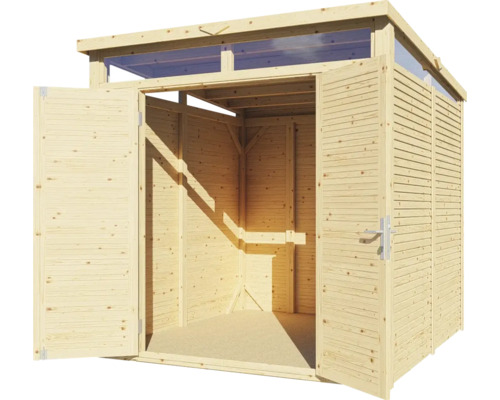 Abri de jardin en bois avec portes doubles ouvertes et fenêtres dans la partie du toit.