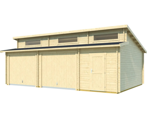 Holzgarage mit Fenstern und Tür