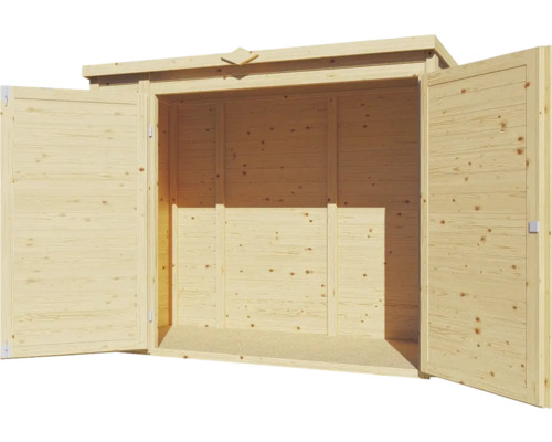 Offener Holz Geräteschuppen mit Doppeltür.