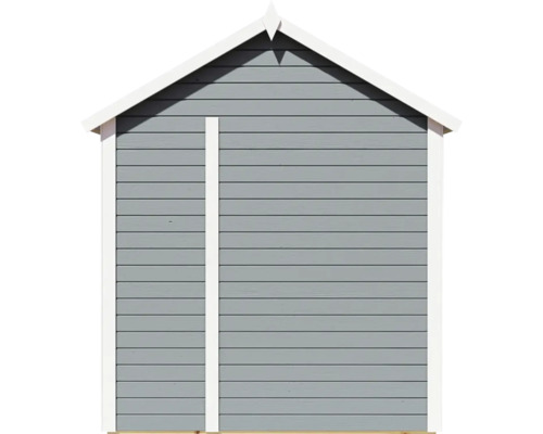 Vue de face d''une cabane de jardin grise avec revêtement en bois horizontal