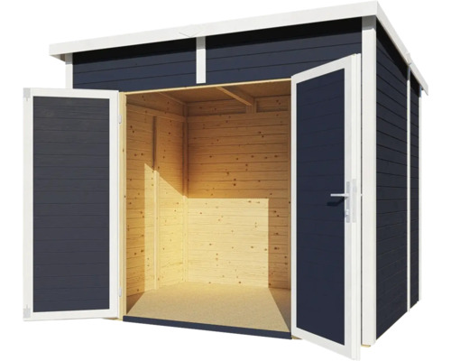 Abri de jardin en bois avec portes doubles ouvertes