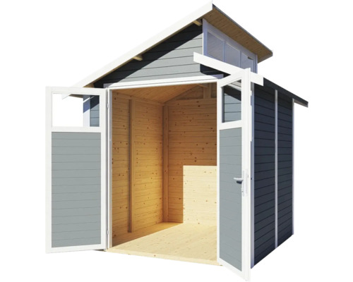 Holzgartenhaus mit geöffneten Doppeltüren und Oberlicht