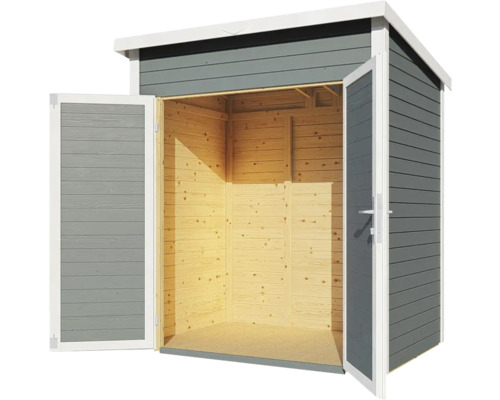 Abri de jardin en bois gris ouvert pour le rangement des outils de jardin
