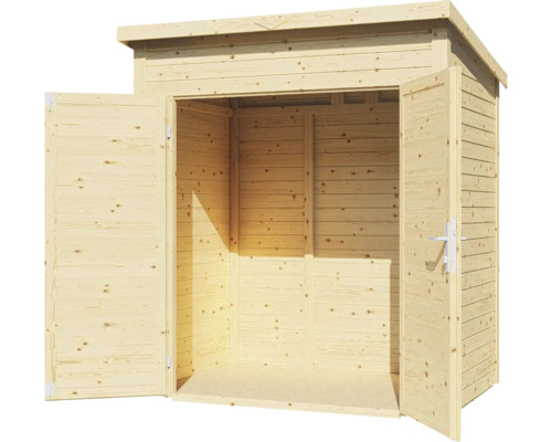 Abri de jardin ouvert en bois avec double porte.