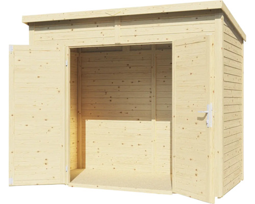 Abri de jardin en bois avec portes doubles ouvertes