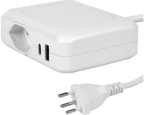 Chargeur USB 2xUSB 1xT13 1,5 m blanc