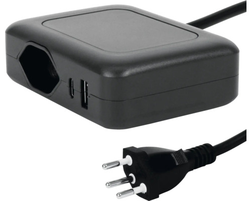 Chargeur USB 2xUSB 1xT13 1,5 m anthracite Bloc multiprise noir avec ports USB et prise