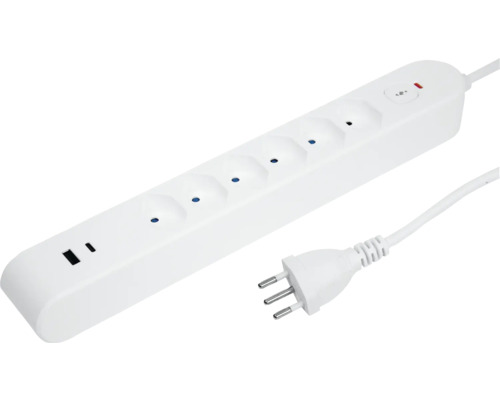 Bloc multiprise 6xT13 2xUSB PD 3 m blanc Bloc multiprise avec six prises et fiche secteur